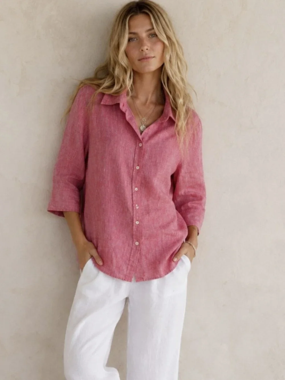 Hinson Wu 100% Linen Button Up Shirt Coral Pink Luxe Linen Women's Sz 10 - Picture 1 of 12